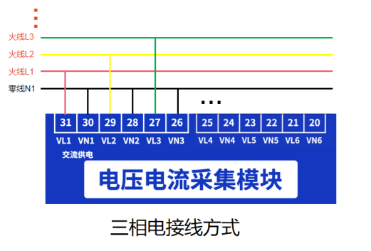 电压电流采集模块电压接线示意图 电压电流采集模块电压接线示意图